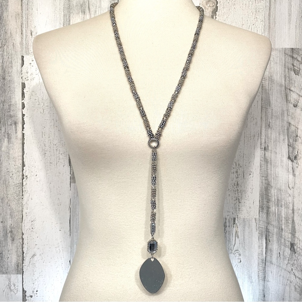 Chico’s Silver Tone Beaded Multifaceted Beaded Lariat Statement Long Necklace